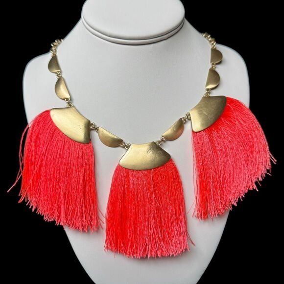 Goldtone Neon Coral Red Fan Fringe Statement Necklace 3 Tassel Adjustable 17-21” - Picture 12 of 13